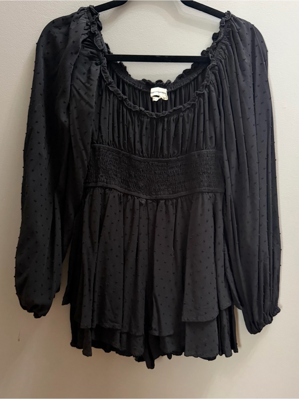 Black Swiss Dot Peasant Romper - Women